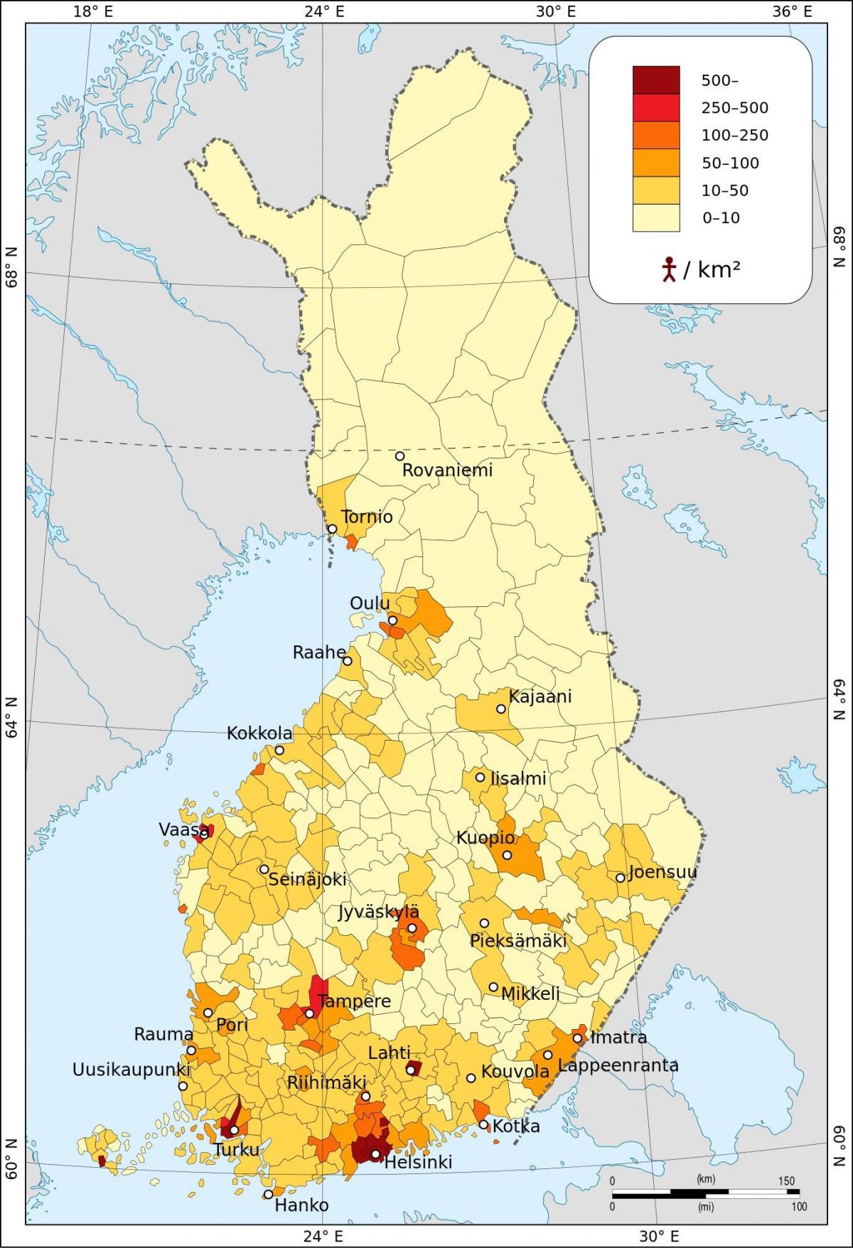 Finland bevolkingsdichtheid kaart