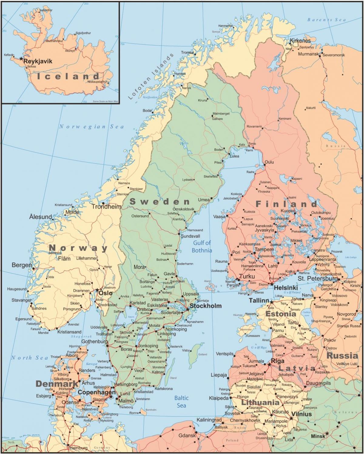 Kaart van Finland en de omliggende landen